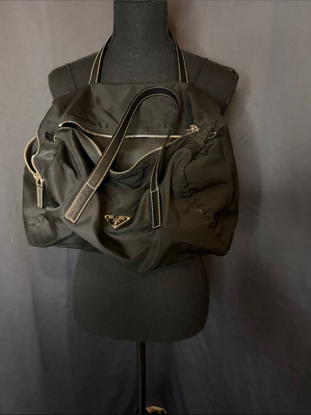 Black Nylon Tote Bag with Leather Trim